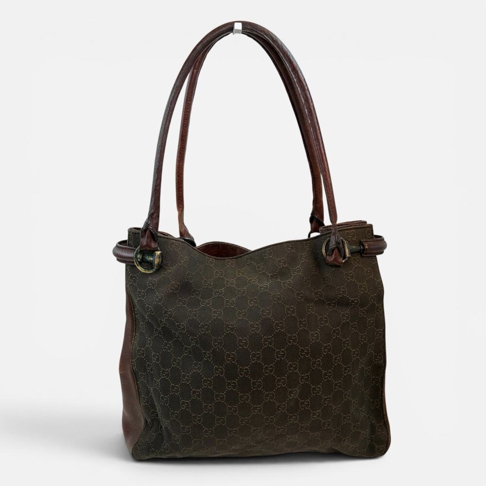 Vintage Gucci GG Monogram Canvas Leather Shoulder Tote Bag Brown Large